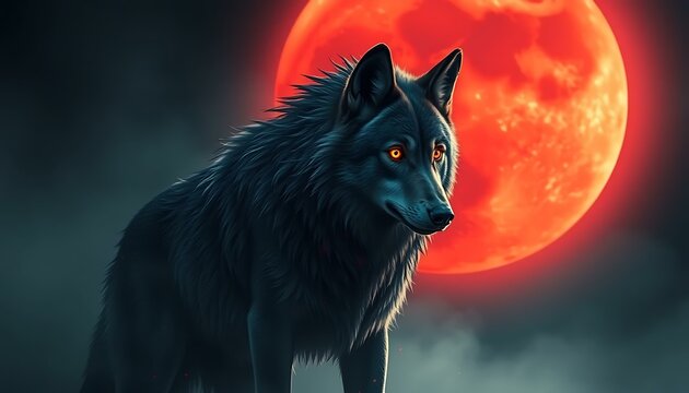 Majestic Black Wolf Under Blood Moon: Dark Fantasy Art Wallpaper