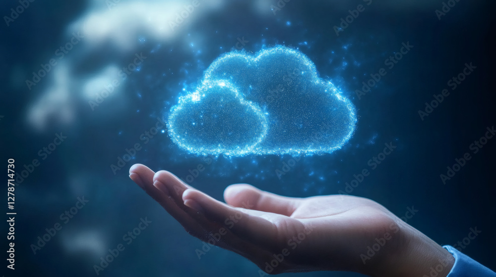 Fototapete hand holding a digital representation of cloud computing, illustrating data storage and online serve