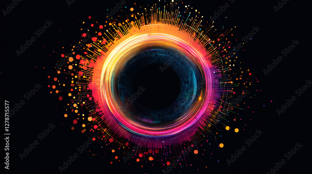 Poster Bright swirling colorful abstract portal with particles exploding on dark background representing speed, technology and innovation