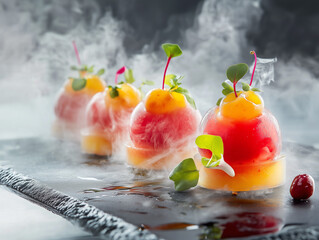 Photograph of a gourmet molecular gastronomy dish, beautifully plated with artistic precision.