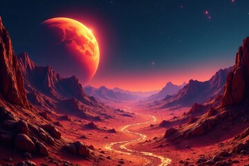 Red planet's terrain with rocky mountains and valleys under starry sky, , red planet