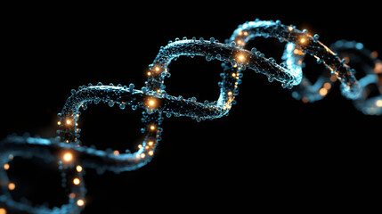 Rotating DNA molecule glowing with geometric particles, representing molecular genetics and biotechnology research
