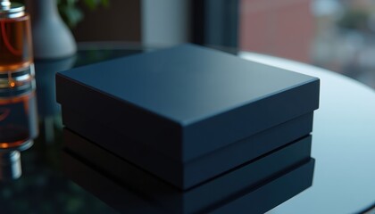 Luxury perfume box mockup with deep navy blue box and silver embossed logo, placed on a reflective glass surface, soft ambient lighting, premium and sophisticated presentation