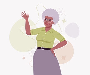 Senior woman african american old lady, kind grandmother hello wave. Experienced grandma, older elegant nice looking granny elderly person. Vector flat style cartoon illustration creative background