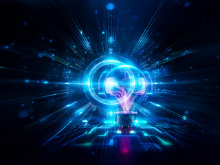 A glowing light bulb with a circuit board inside illuminates the dark background. Neon blue and pink lines suggest technology, innovation, and bright ideas in a digital world.