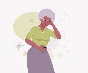 Senior woman african american old lady kind grandmother head ache pose. Experienced grandma older elegant nice looking granny elderly person. Vector flat style cartoon illustration creative background