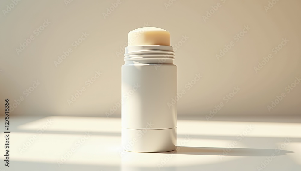 Poster Close-up of deodorant stick in modern container on light surface with soft shadows and minimalist look