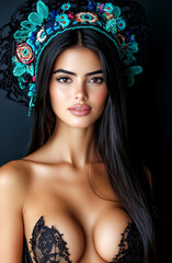 Naklejka premium Woman with a flowery headdress and a black lace top