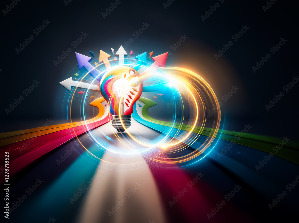 Poster A vibrant light bulb emits colorful arrows in diverse directions, symbolizing ideas and choices, set against a dark backdrop with matching paths.