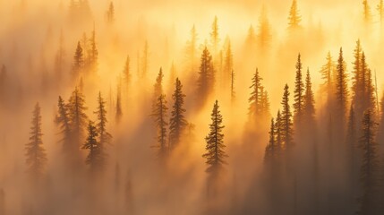 Mist-covered forest at sunrise with evergreen trees illuminated by golden light, serene nature landscape, tranquil outdoor scenery for relaxation and inspiration.