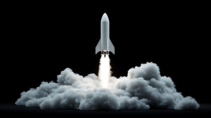 Rocket Launching into Space, A rocket launching into space, surrounded by clouds and a starry sky