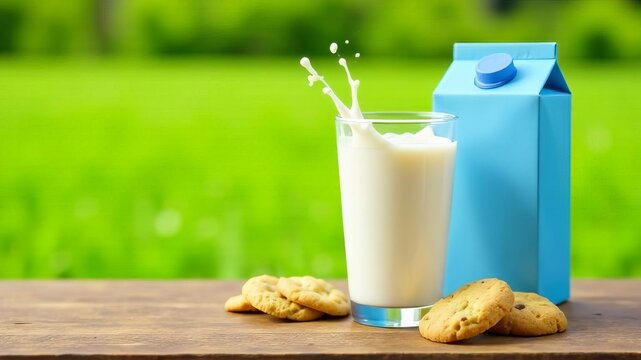 Glass of milk,  and cookies on wooden table outside, space for text