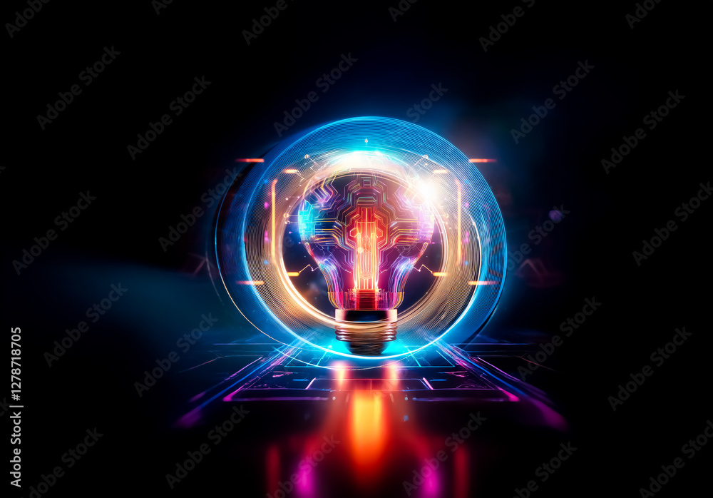 Poster glowing light bulb with circuit board design inside, bright neon colors illuminate a dark scene. ref