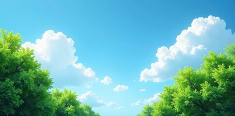 Obraz premium Serene blue sky, fluffy white clouds; lush green branches frame bottom , tree, idyllic