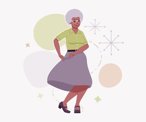 Senior woman african american old lady, kind grandmother dancing pose. Experienced grandma older elegant nice looking granny elderly person. Vector flat style cartoon illustration creative background