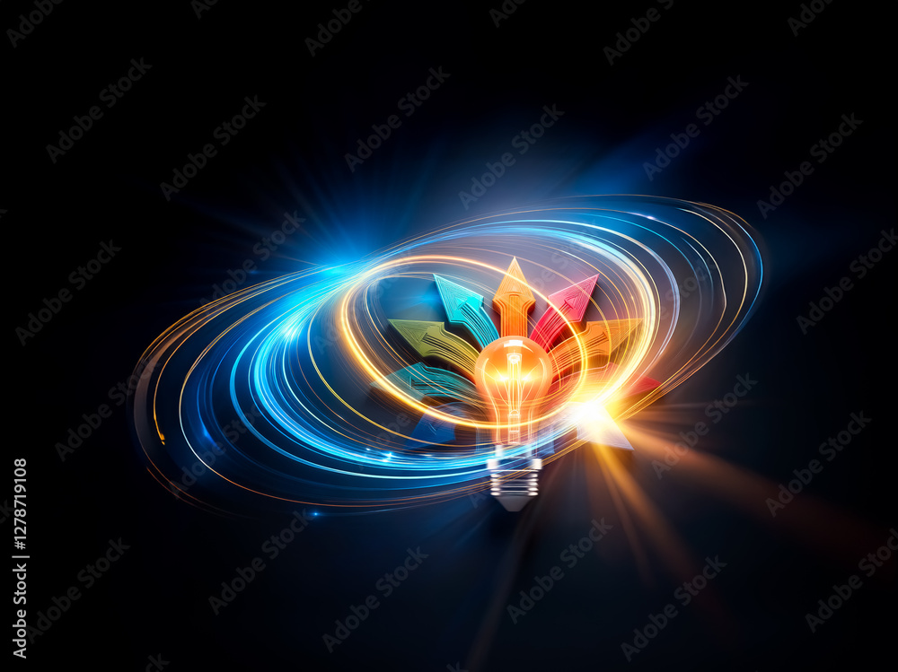Poster Illuminated light bulb surrounded by colorful arrows pointing in different directions, symbolizing ideas diverging from a central concept on a dark background.