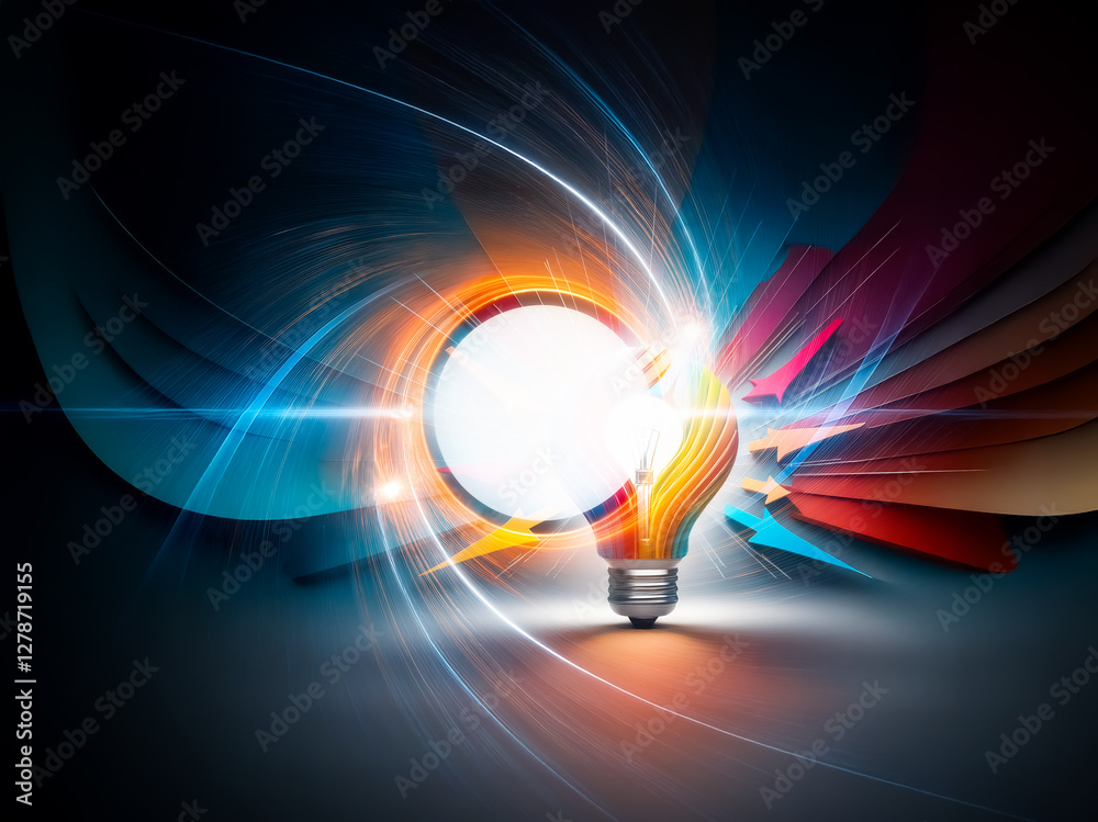 Poster a vibrant light bulb radiates light, surrounded by colorful arrows pointing inwards, symbolizing ide