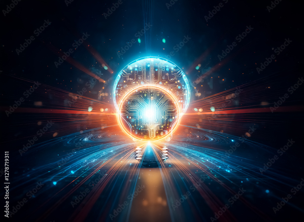 Poster a glowing lightbulb, its filament replaced by intricate circuitry, symbolizes innovation and technol
