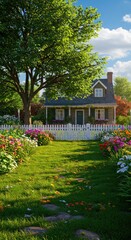 Obraz premium Charming Cottage Home with Flower Garden and Stone Pathway