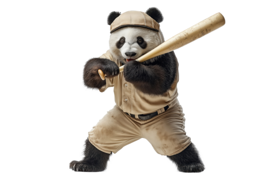 Powerful panda baseball player swinging for the fences on transparent background
