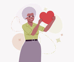 Senior woman african american old lady, kind grandmother love heart hold. Experienced grandma older elegant nice look granny elderly person. Vector flat style cartoon illustration creative background