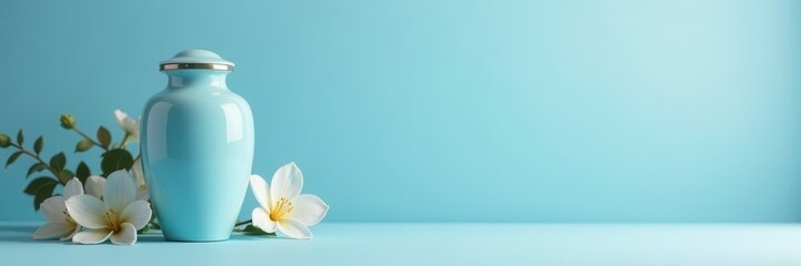 Sophisticated light blue backdrop; memorial urn & photo , afterlife, resting place