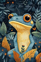 A colorful frog surrounded by vibrant leaves and flowers in a whimsical style.