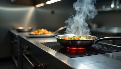 Stainless steel prep tables, sizzling pans, culinary action , oven, industry, food