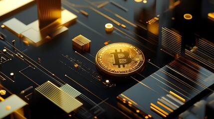 Golden Bitcoin on Futuristic Circuit Board with Digital Elements