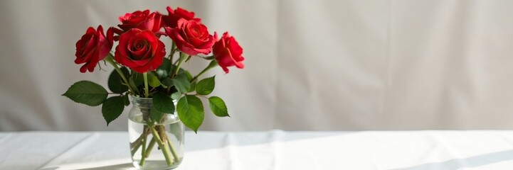 Fototapeta premium Red rose blooms in a vase on white tablecloth, photography, floral