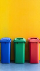 Three colorful recycle bins stand against a bright yellow wall