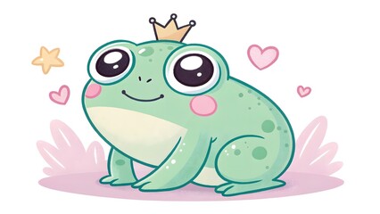 Obraz premium Cute pastel frog with big eyes tiny crown kaw