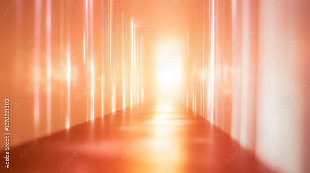 Poster luminous orange light streaks forming dynamic sci-fi corridor, converging toward radiant central lum