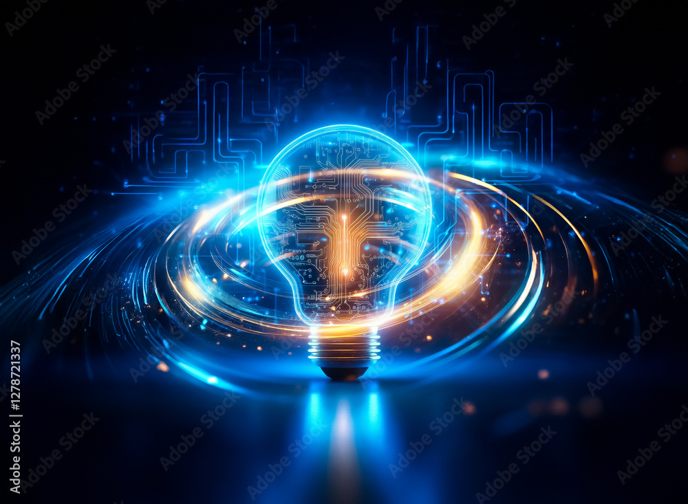 Poster a glowing lightbulb, its interior a complex circuit board, illuminates against a dark background of 