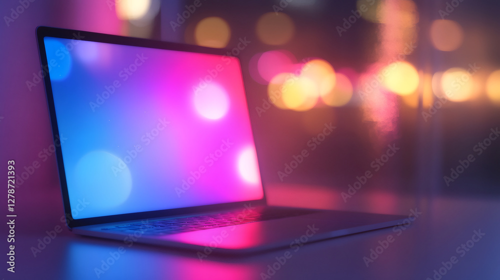 Poster Modern laptop showing colorful bokeh effect reflecting on desk surface at night with city lights visible through the window