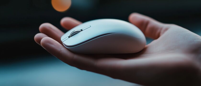 A hand gently cradles a sleek white wireless mouse, merging touch technology with elegance and precision.