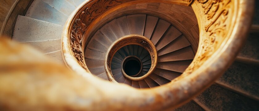 A golden spiral staircase descends dramatically, creating a mesmerizing vortex, blending elegance and symmetry.