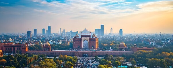 The Delhi Business Hub skyline, with towering skyscrapers and busy streets in the foreground, creating a powerful and energetic view of India's capital