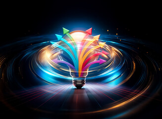Illuminated bulb with rainbow arrows radiate outward. Dark background. Spreading ideas and creative solutions from central inspiration.