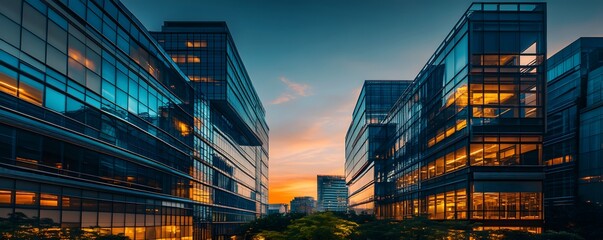 Delhi Business Hub in the evening, with office lights glowing against the darkening sky, showcasing the thriving financial and commercial sector of the city