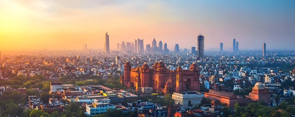 A wide-angle shot of Delhi Business Hub's skyline, with modern office towers and traditional elements of the city blending together