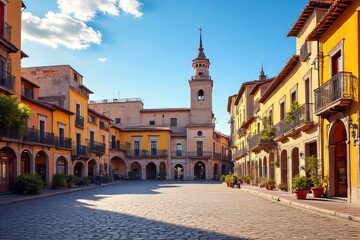 Obraz premium Picturesque Square in a Historic Spanish Town with Colorful Buildings and Stone Pavement