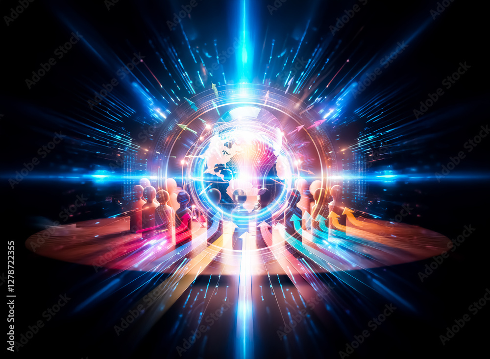 Poster a vibrant lightbulb glows, illuminated by colorful arrows converging towards it in the dark, symboli
