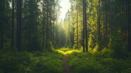 Fototapeta premium Lush forest path illuminated by sunlight, creating serene atmosp