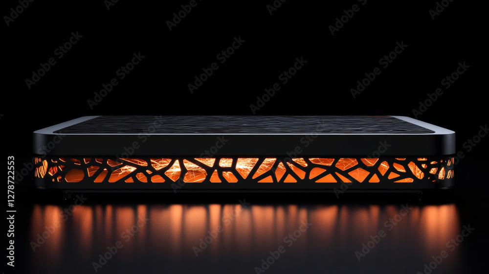 Poster futuristic pedestal with orange lights illuminating a dark environment, perfect for showcasing produ