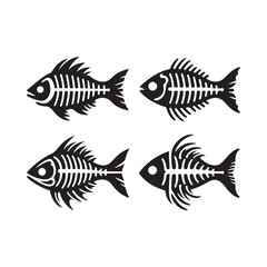 Fish skeletons, black and white illustration, stylized fishbones 