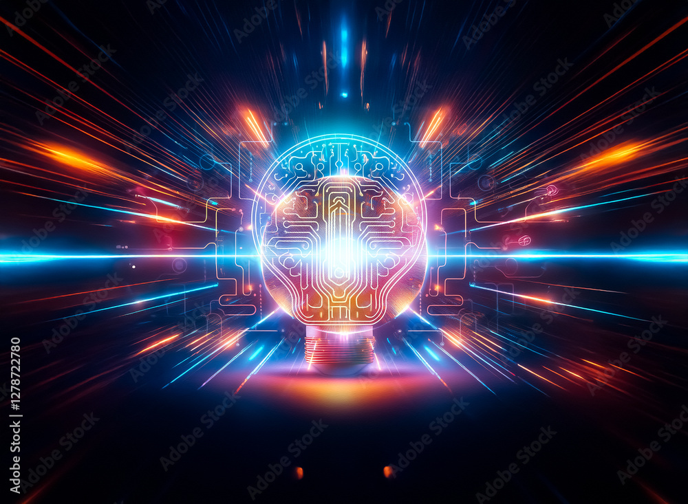 Poster a glowing lightbulb, its filament replaced with intricate circuitry, sits against a backdrop of neon