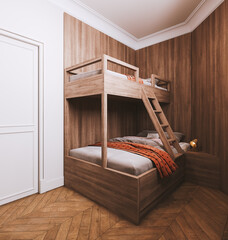 Wooden bunkbed. Modern interior design of bedroom with wooden bunkbed. 3D Rendering, 3D Illustration