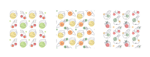 Set of summer fruits and vegetables wallpapers. Collection of vector seamless patterns with outline food. Repeat texture for textile or wrapping paper.