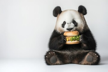 Naklejka premium Cute panda cub enjoying a delicious hamburger in studio setting